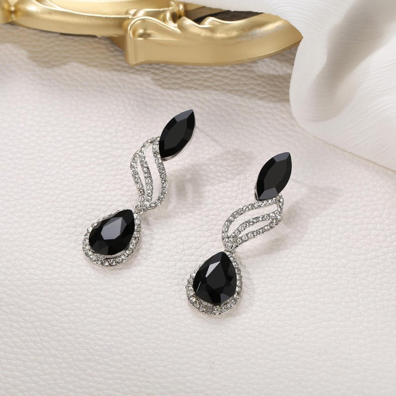 BriLove Statement Long Dangle Earrings for Women Fashion Crystal Hollow Leaf Teardrop Large Jewelry Black Silver-Tone - Image 4